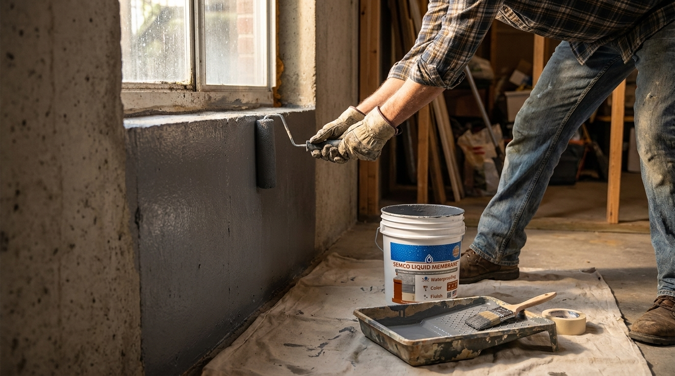 Homeowner rolling SEMCO Liquid Membrane in Rockslide Grey onto a basement wall during a DIY waterproofing project