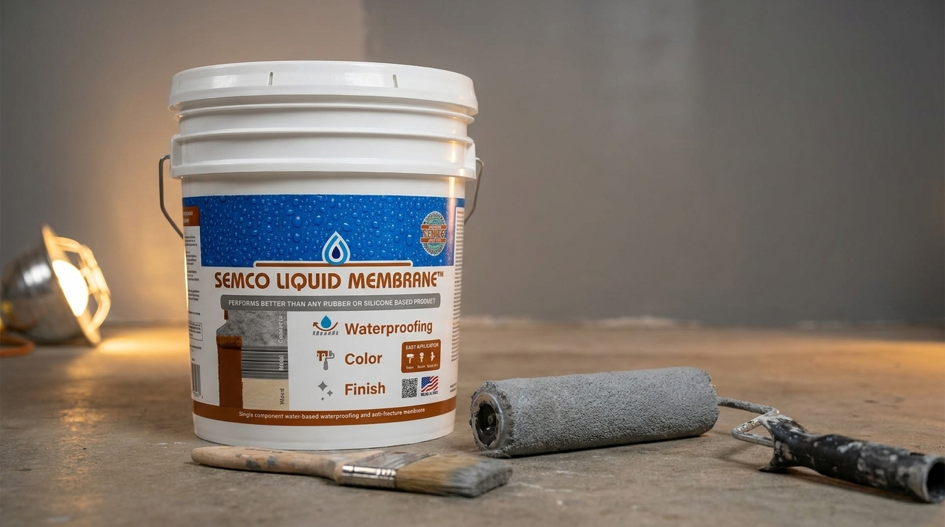 SEMCO Liquid Membrane pail next to a roller and brush with a freshly coated Monday Grey basement wall in the background