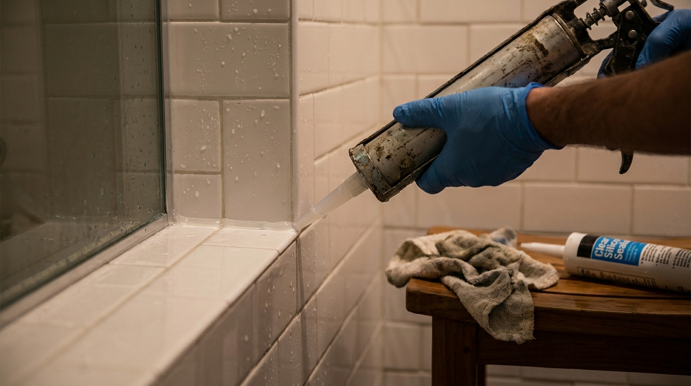 Applying silicone-based waterproofing sealant to a tile shower joint with a caulking gun