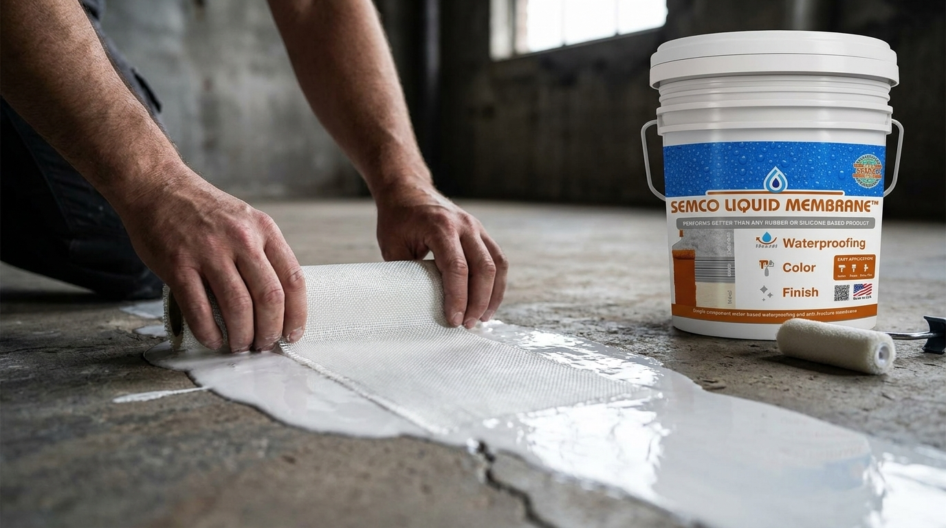 Pressing SEMCO Fabric Reinforcement into wet SEMCO Liquid Membrane over a concrete crack