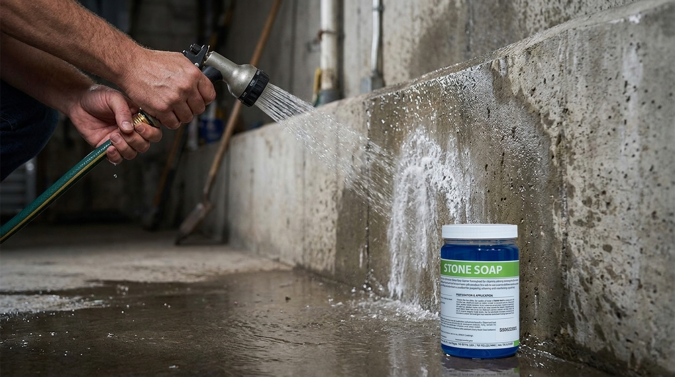 Rinsing efflorescence off a concrete wall with SEMCO Stone Soap before waterproofing