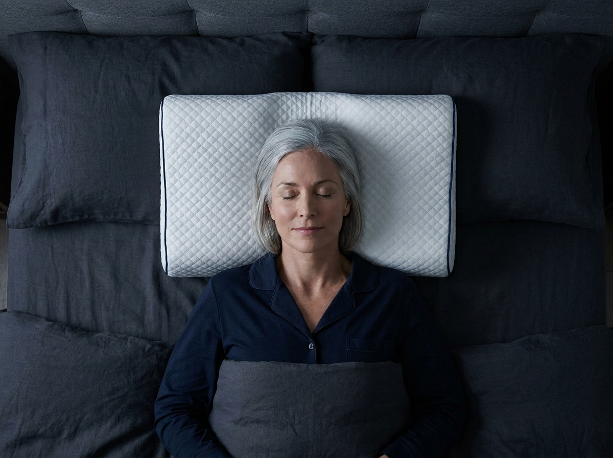 Woman sleeping on her back on the Plufl Contour Pillow