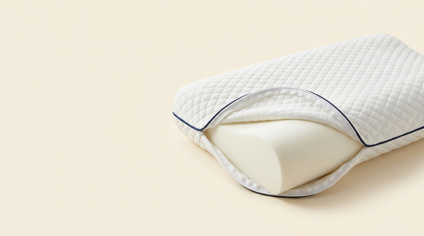 Plufl Contour Pillow with cover unzipped showing the plant-based memory foam core