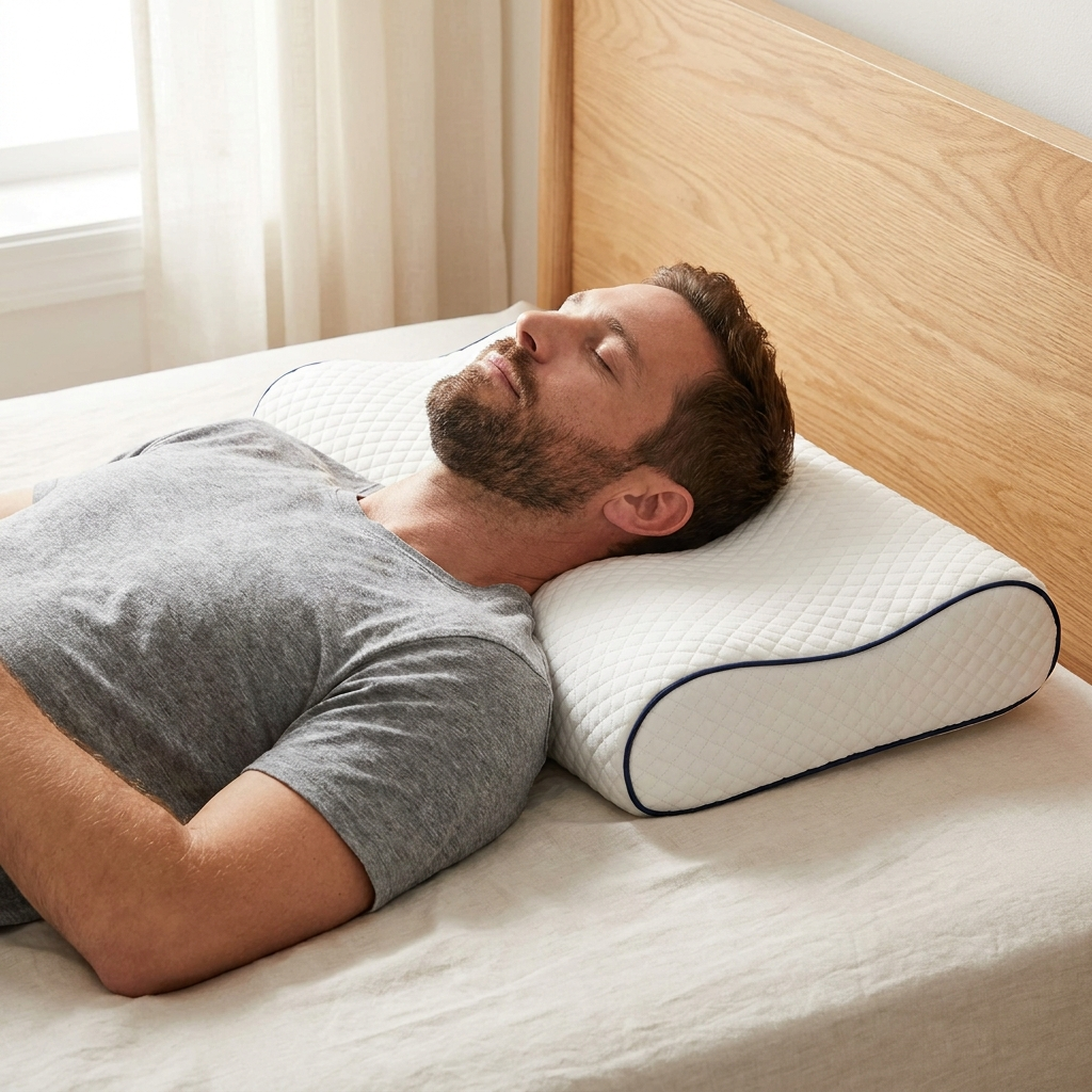 Man sleeping comfortably on his back on the Plufl Contour Pillow