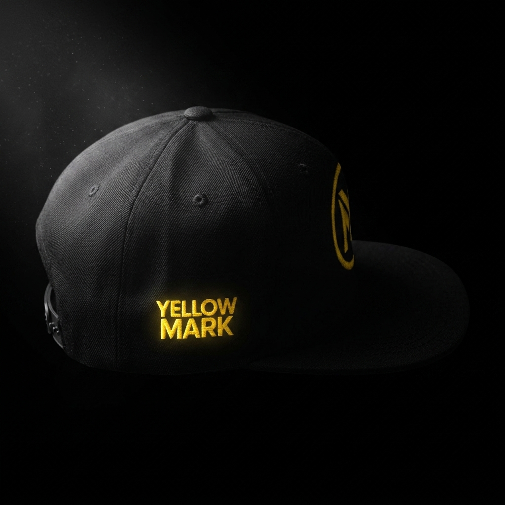 Black snapback side YELLOW MARK dark background