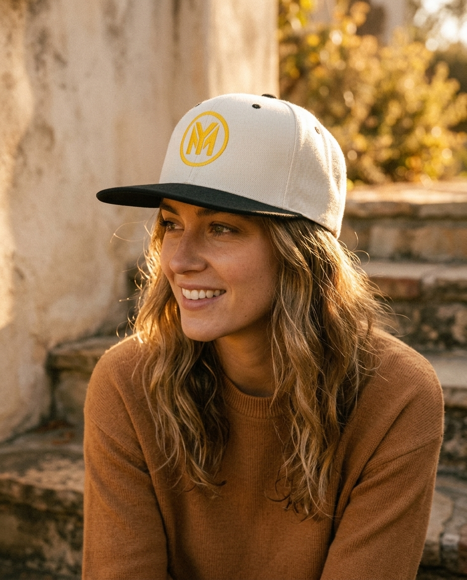 Female model golden hour wearing natural black snapback