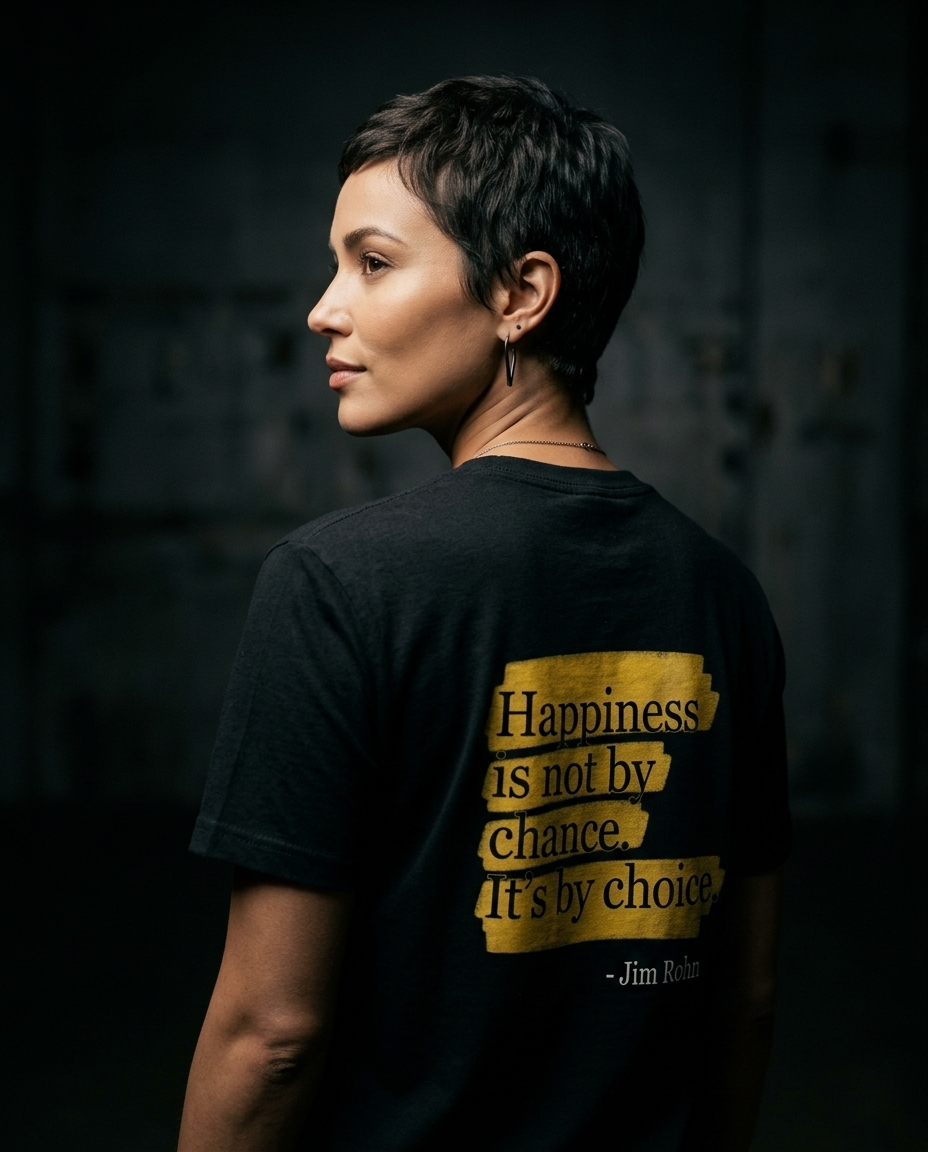 Female model dark studio Happiness Is A Choice shirt