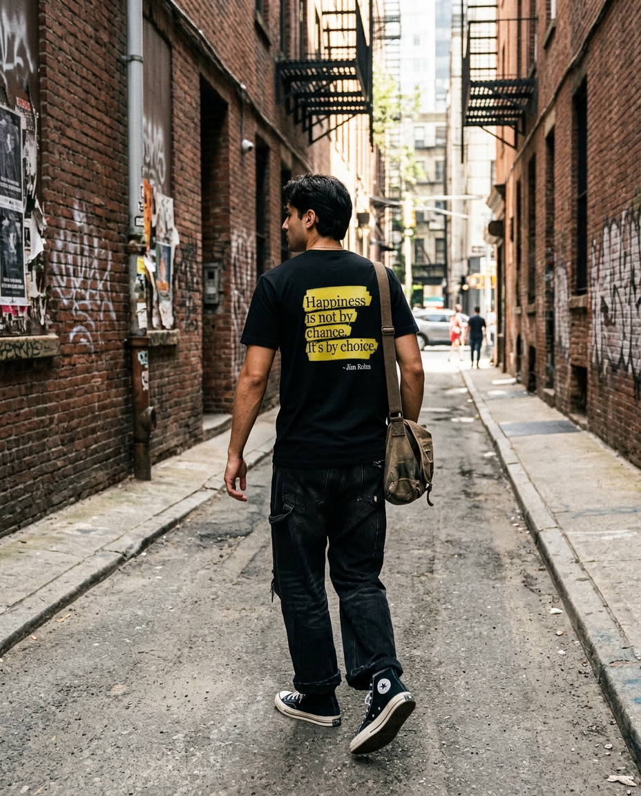 Male model NYC alley Happiness Is A Choice shirt