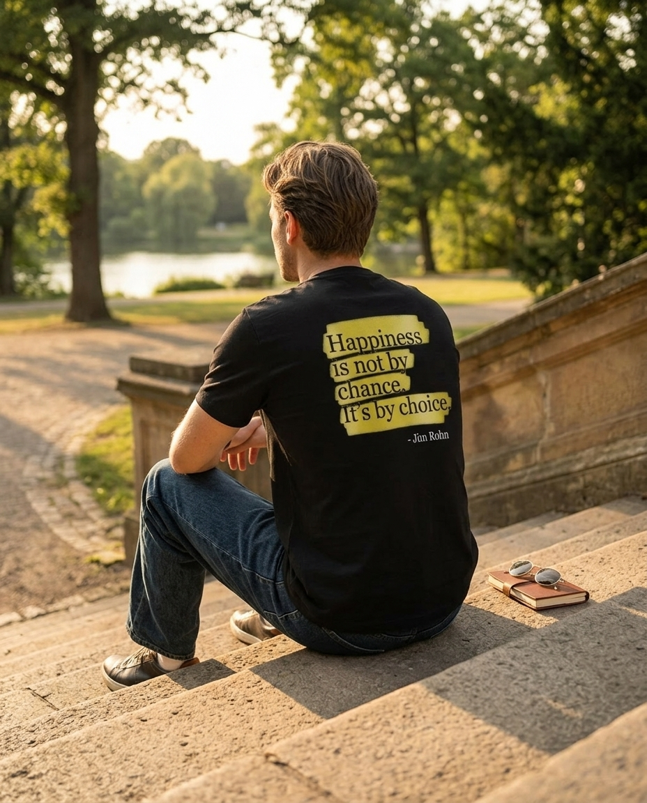 Male model golden hour park steps Happiness Is A Choice shirt