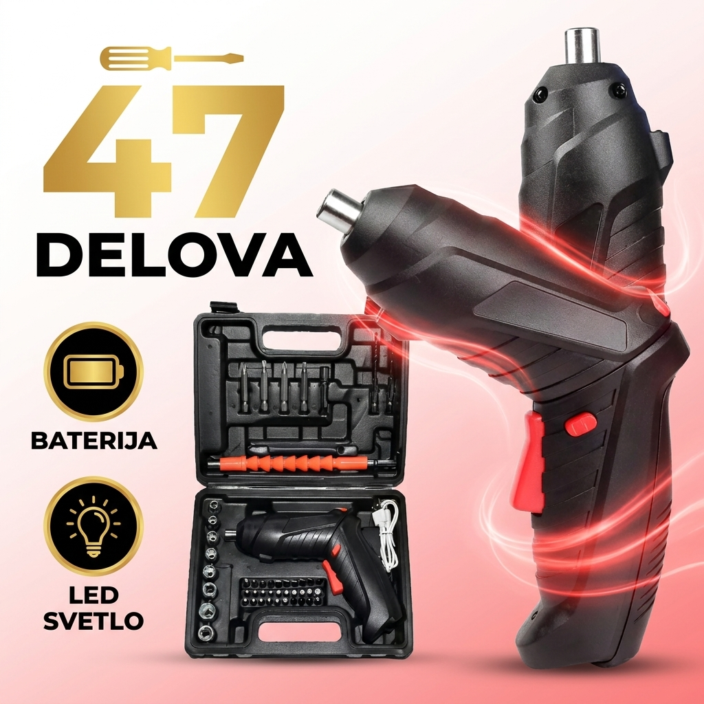 Električni set odvijača 47 delova - punjiva baterija i LED svetlo