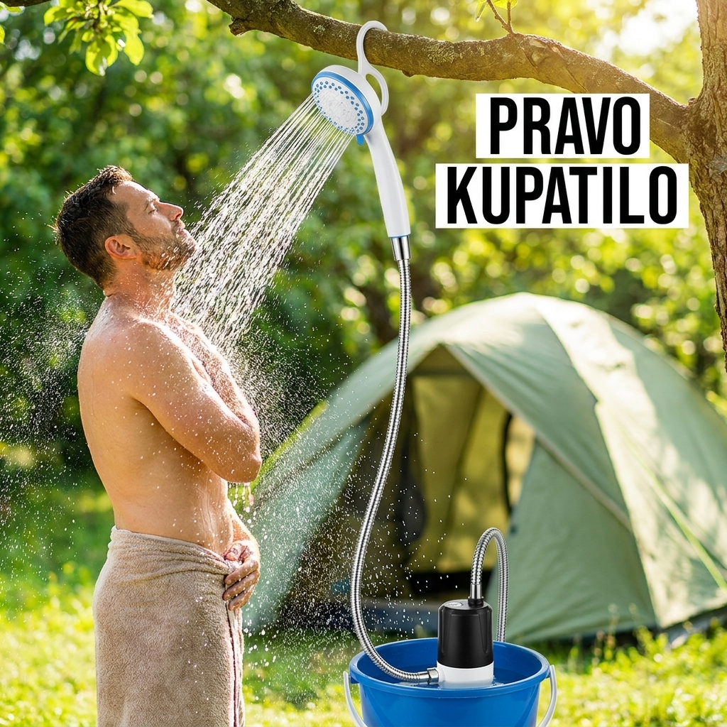Prenosivi tuš za kampovanje u upotrebi pored šatora - pravo kupatilo na otvorenom