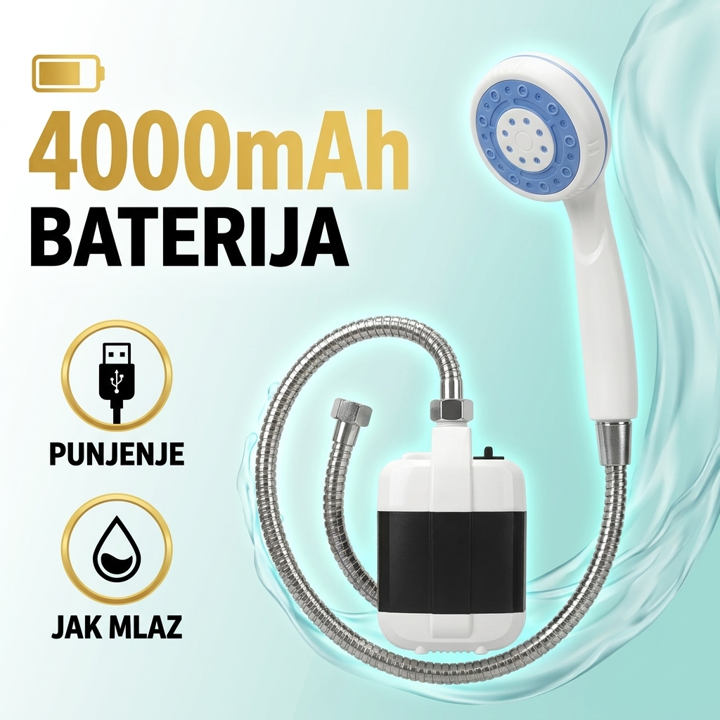Prenosivi tuš sa punjivom baterijom od 4000mAh - USB punjenje i jak mlaz