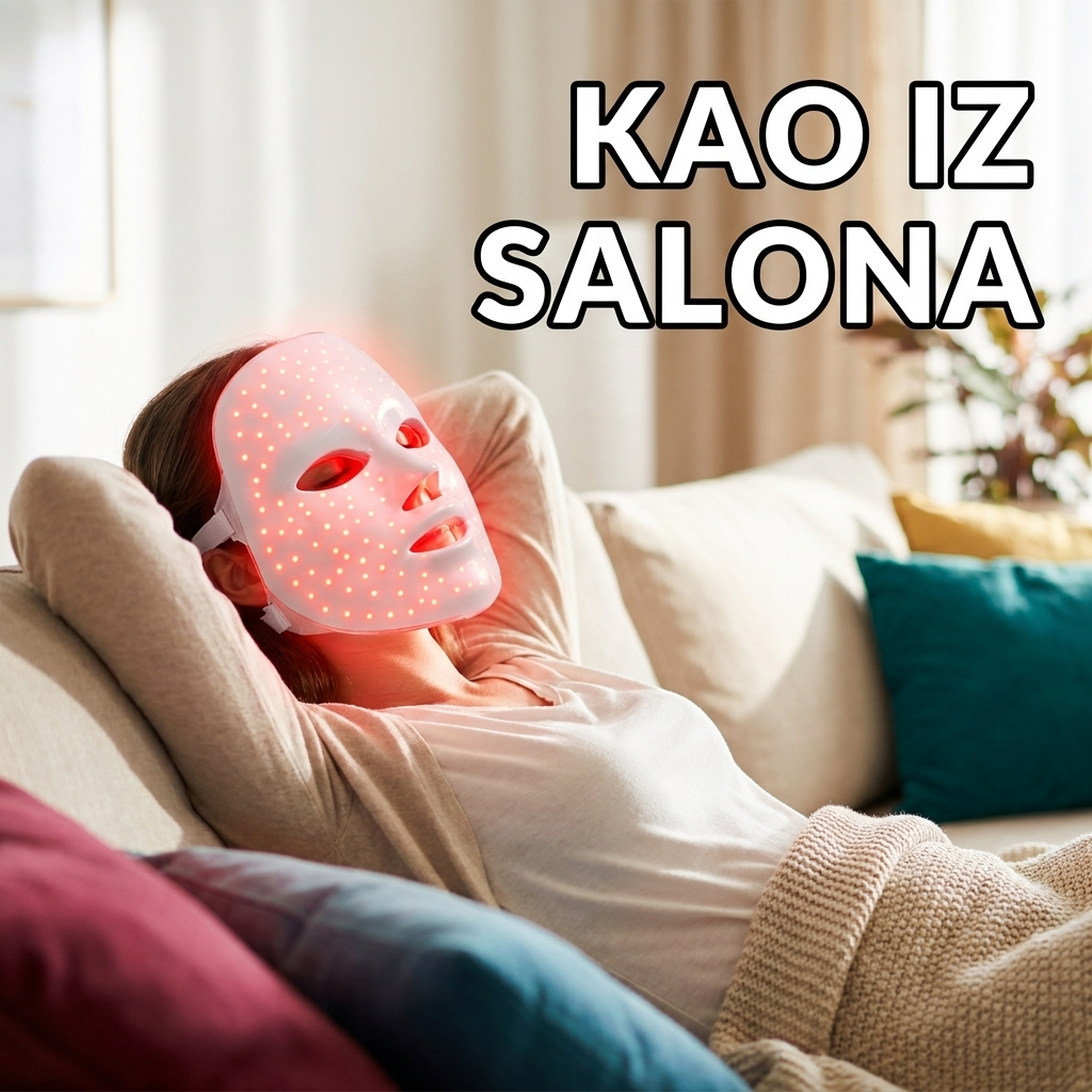 Žena se opušta kod kuće sa LED maskom za lice