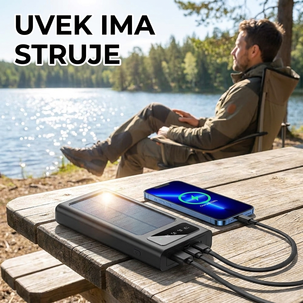 Solarni powerbank puni telefon na kampovanju pored jezera