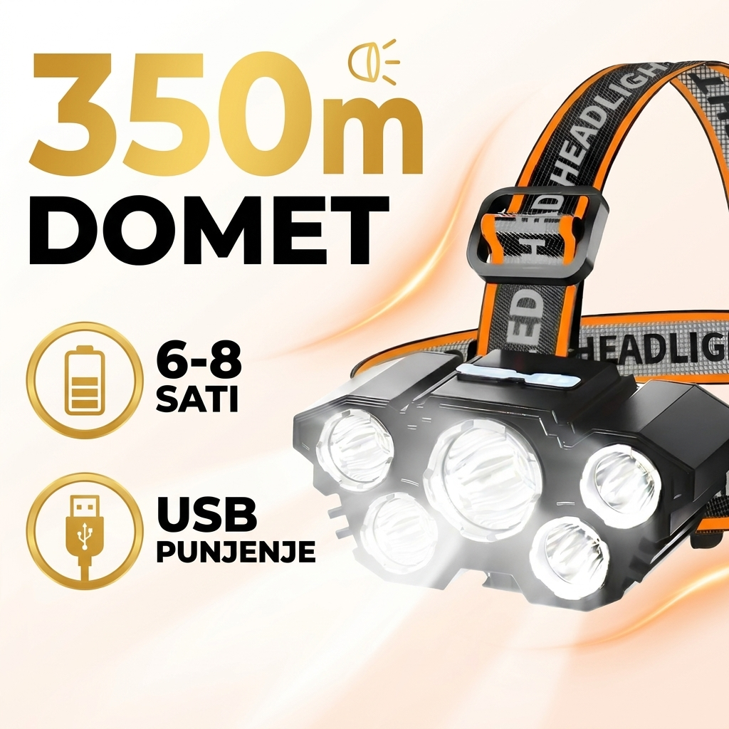 Čeona LED lampa sa 5 dioda - domet 350 metara, 6-8 sati rada, USB punjenje