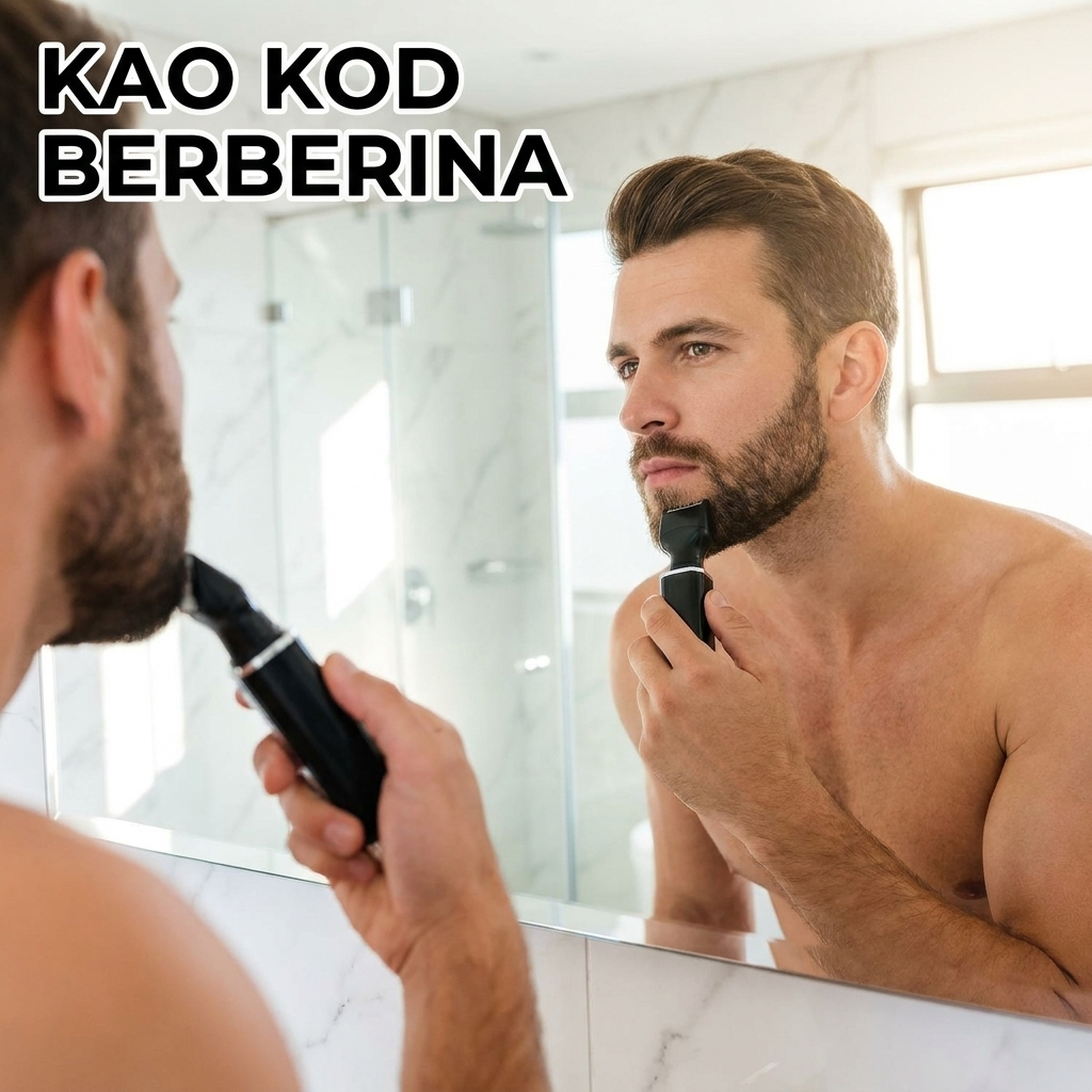 Muškarac oblikuje bradu trimerom 4u1 pred ogledalom - sređen kao kod berberina