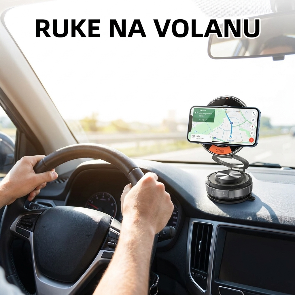 Magnetni držač sa vakumom drži telefon na tabli auta - ruke ostaju na volanu