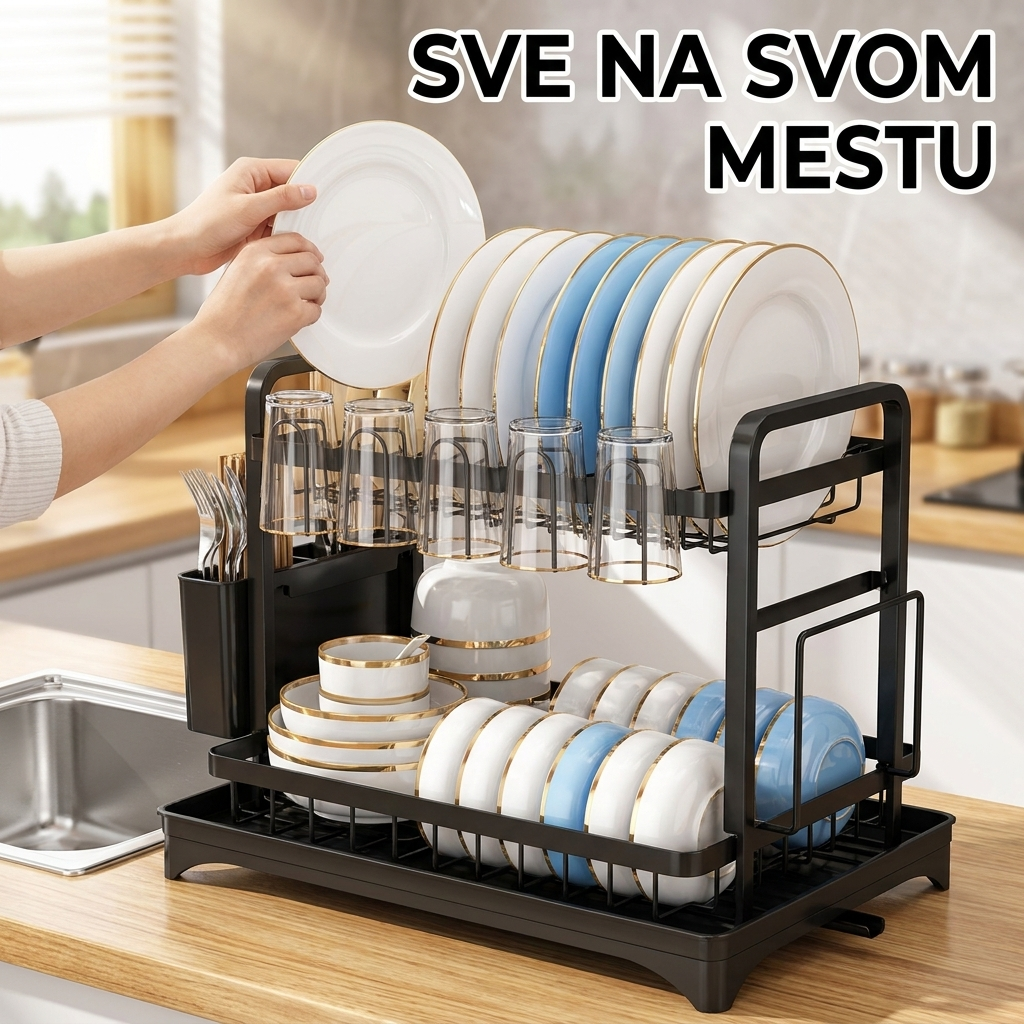 Odlaganje opranog tanjira na dvospratni oceđivač sudova u kuhinji