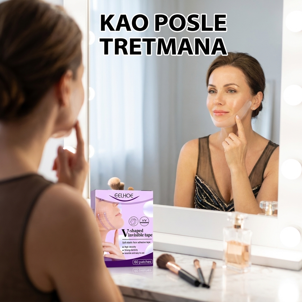 Žena stavlja nevidljivu V trakicu za zatezanje lica pred izlazak
