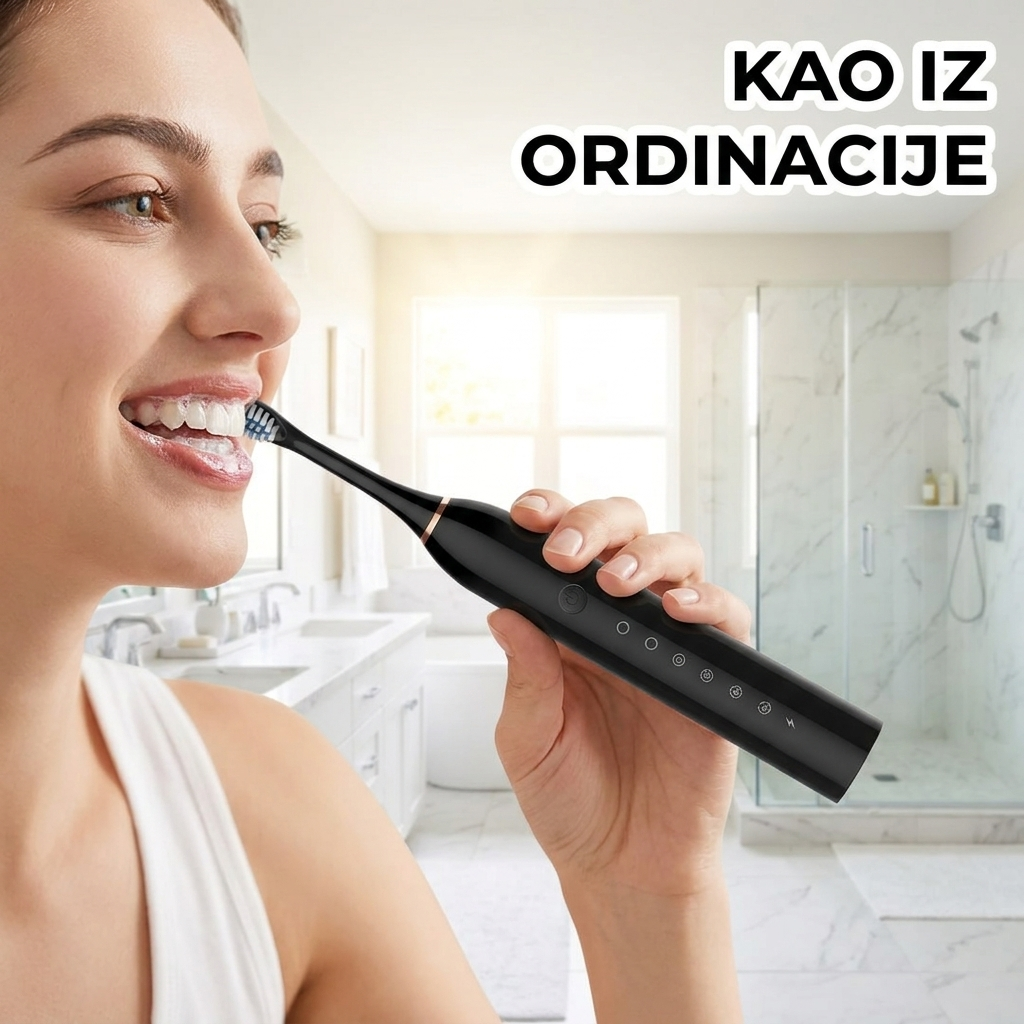Žena pere zube soničnom električnom četkicom u kupatilu ujutru