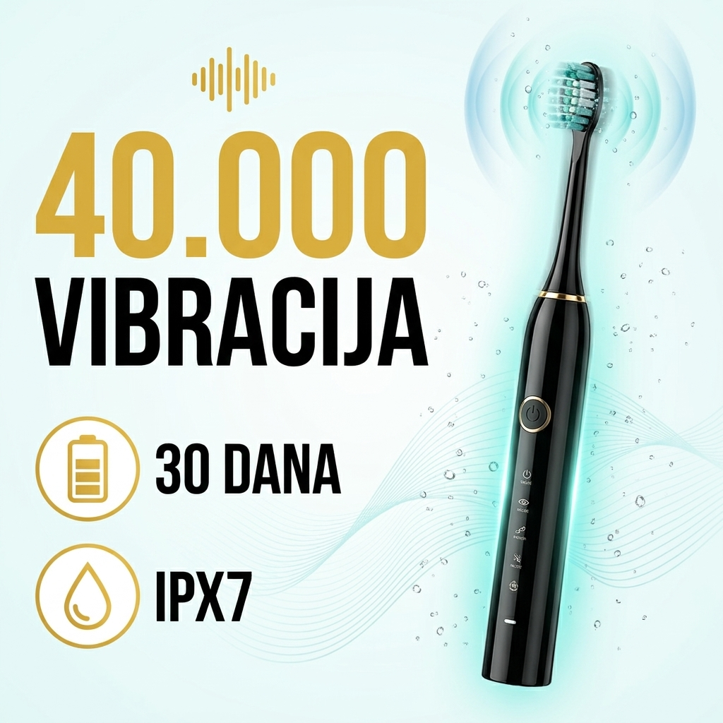 Sonična četkica za zube sa 40.000 vibracija u minutu, baterija 30 dana i IPX7 zaštita