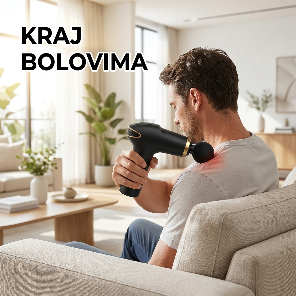 Muškarac masira ukočeno rame masažerom kod kuće