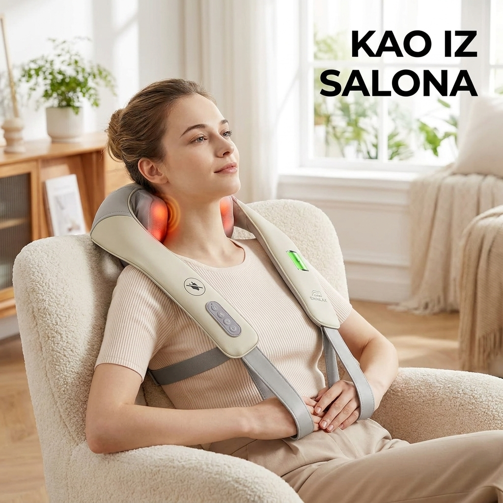 Zena se opusta u fotelji sa Shiatsu masazerom za vrat i ramena