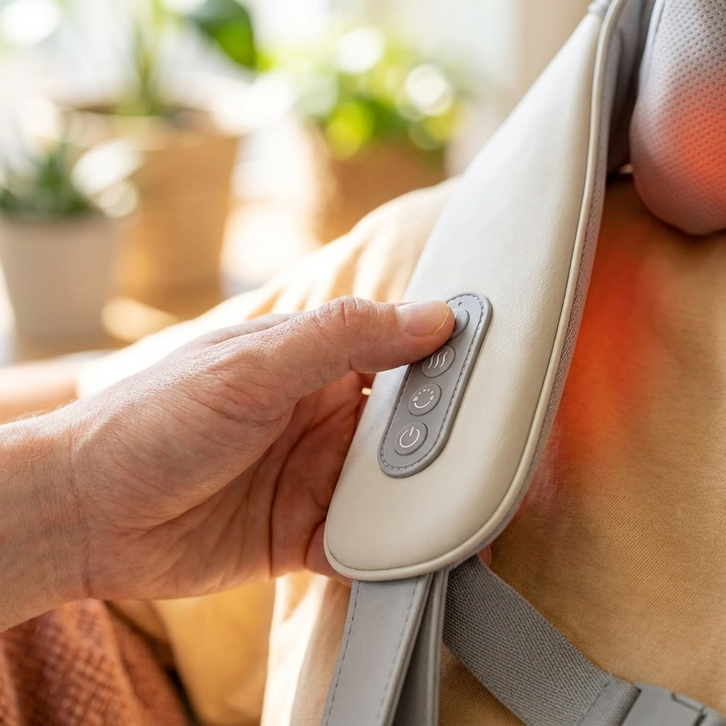 Ruka pritiska dugme na Shiatsu masazeru za vrat i ramena