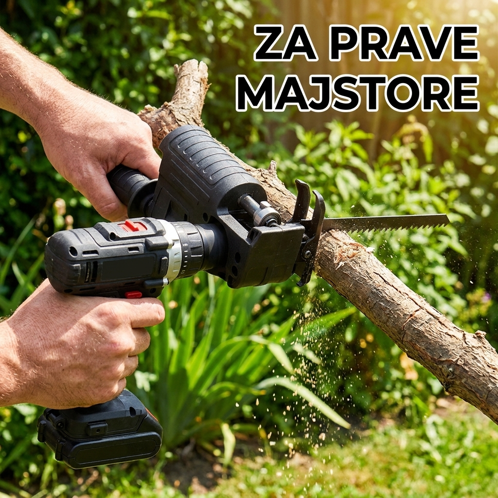 Sečenje grane u dvorištu sabljastom testerom na bušilici