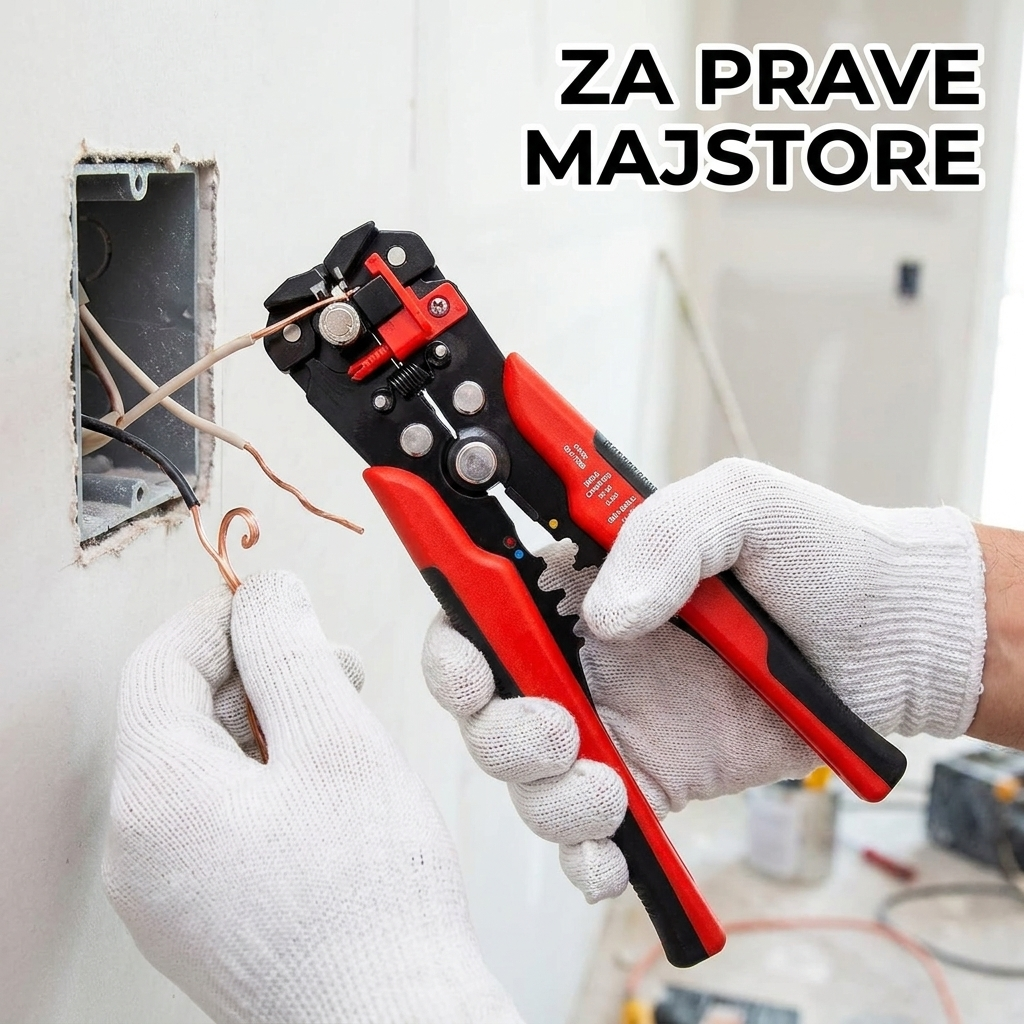 Majstor skida izolaciju sa žica u zidu automatskim kleštima