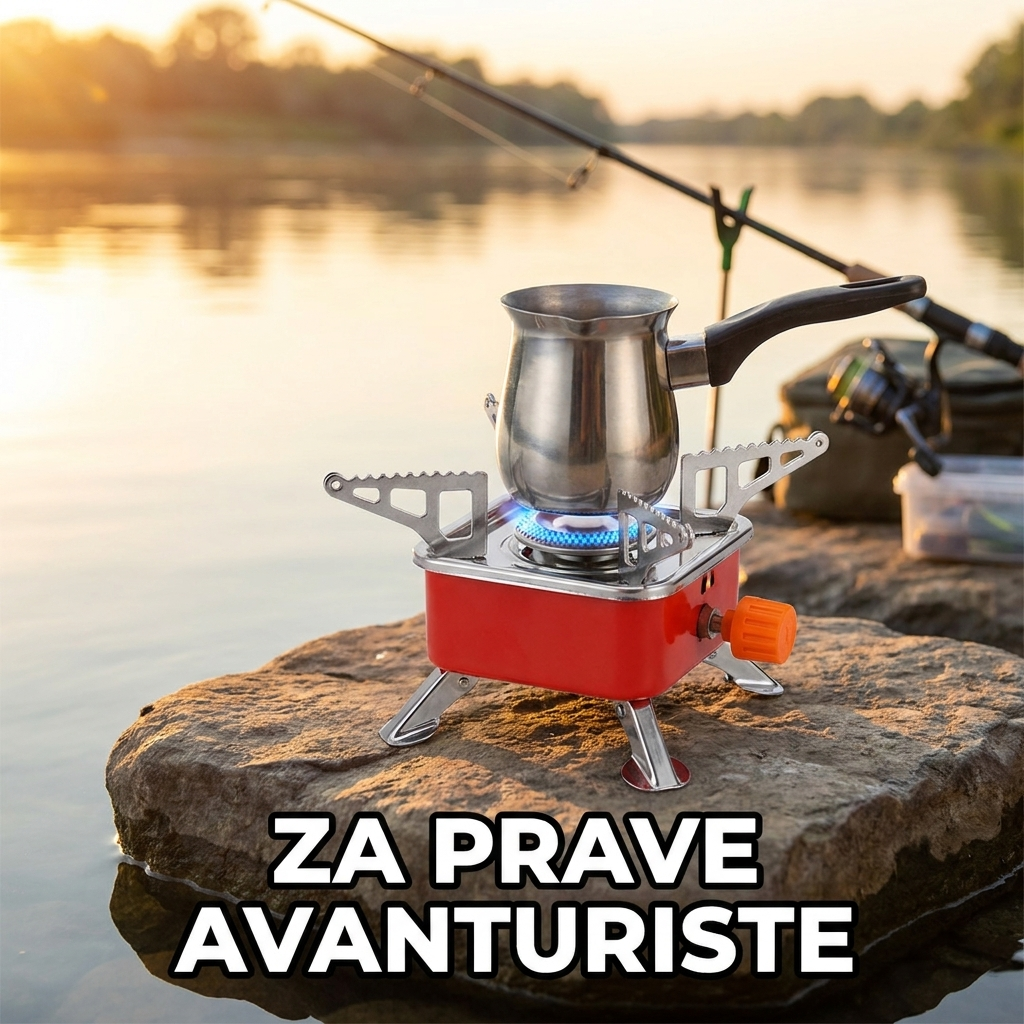 Kamping rešo na gas kuva kafu na pecanju uz reku