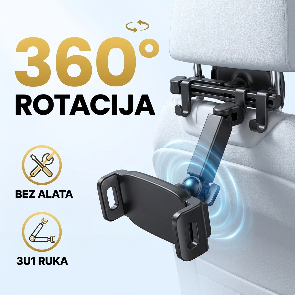 Auto držač za tablet - rotacija 360 stepeni, bez alata, 3u1 ruka