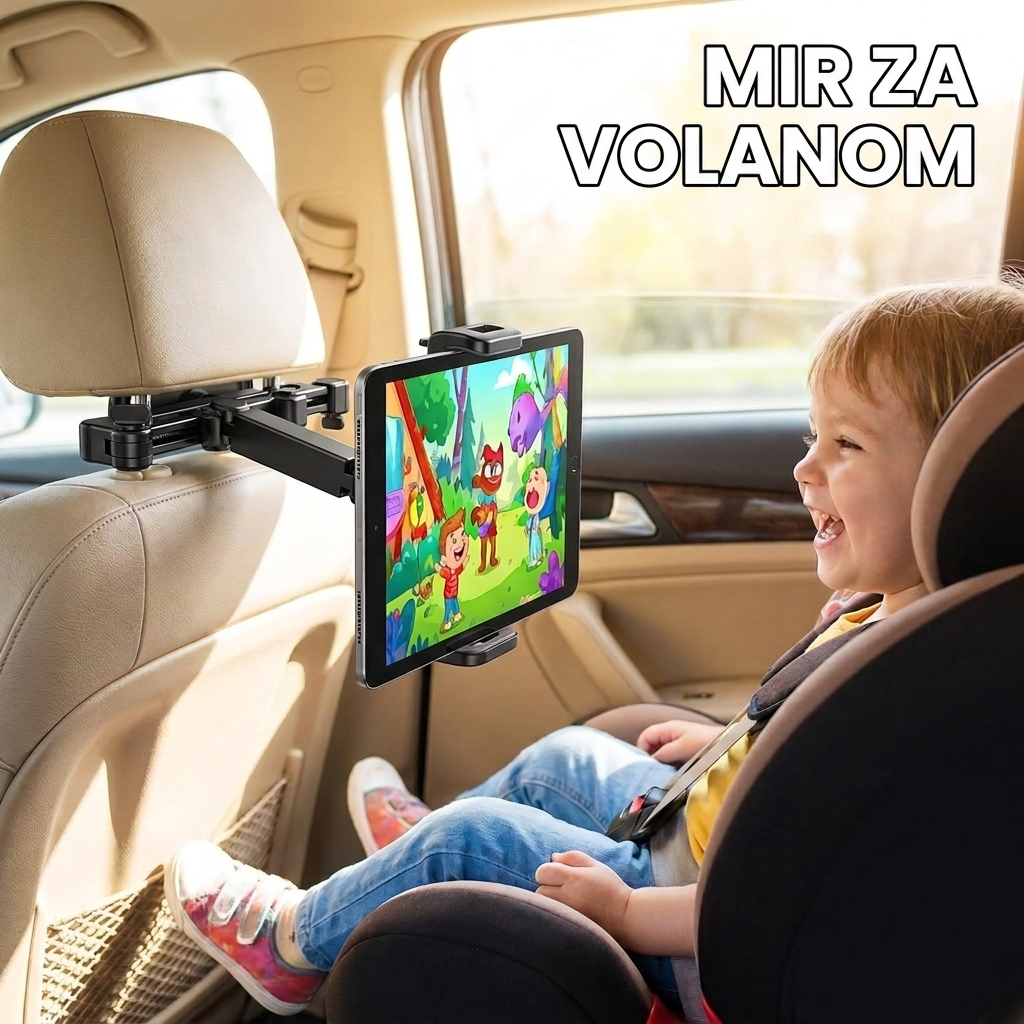 Dete gleda crtani na tabletu u auto držaču na naslonu sedišta