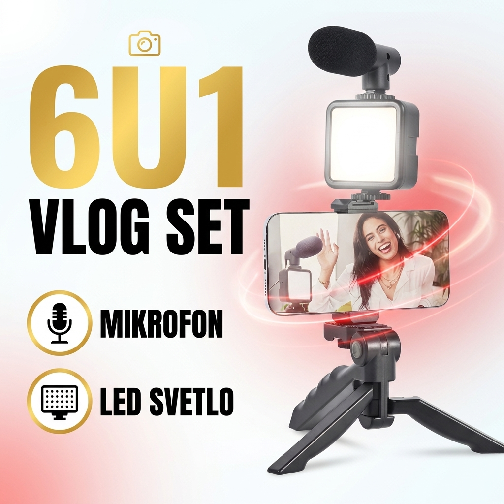 6u1 vlog set: stativ, držač za telefon, LED svetlo, mikrofon, daljinski i kabl