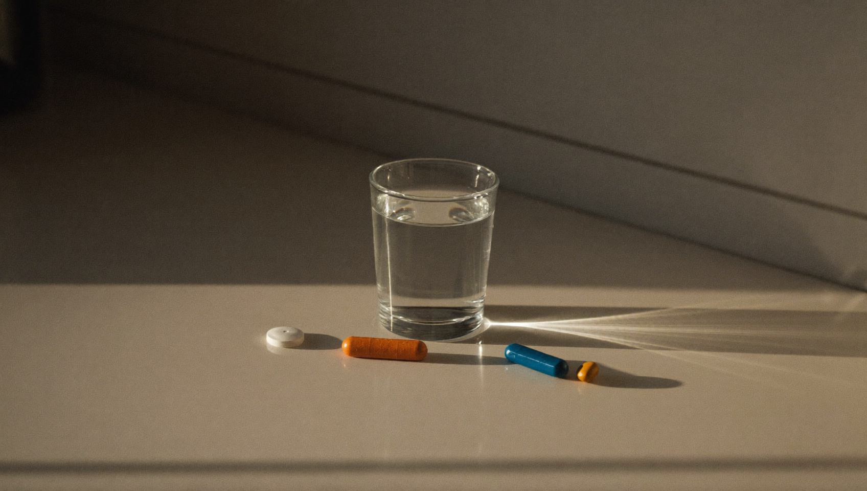 A glass of orange juice and glucose tablets on a kitchen counter