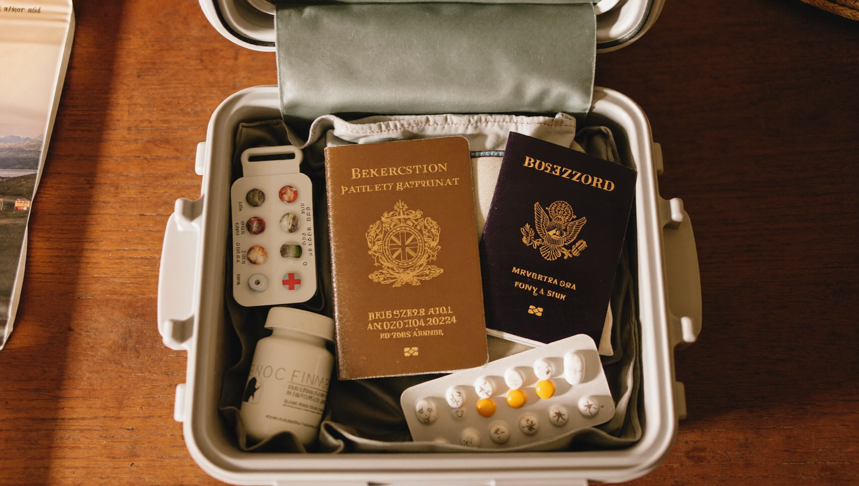 An insulated travel case packed with medication next to a passport and boarding pass