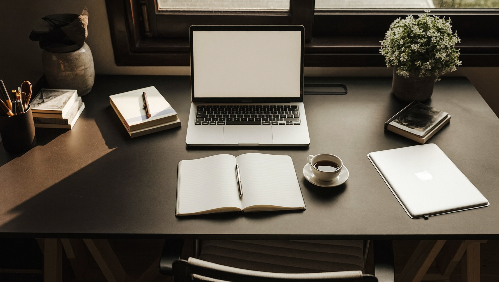 A calm home-office desk with a notebook, laptop, and a cup of tea