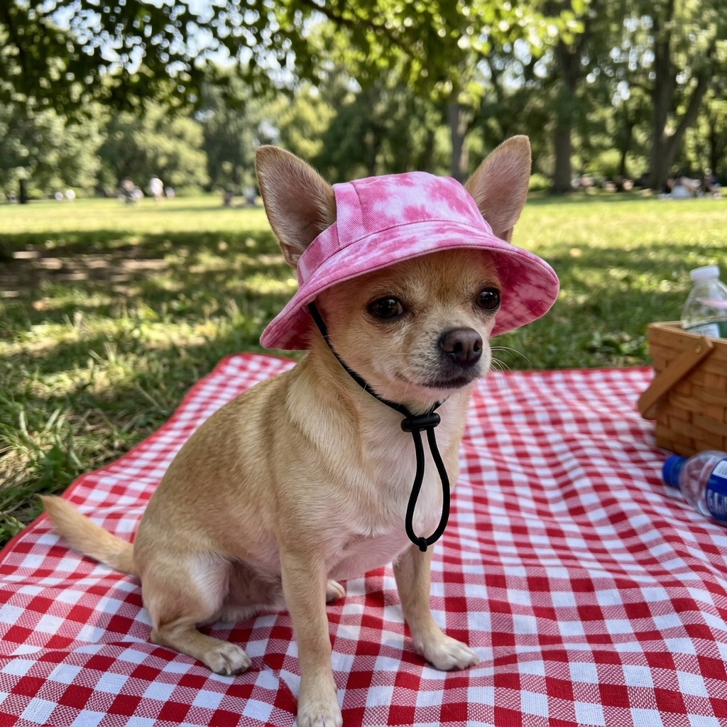 Chihuahua wearing the Bubblegum Duck Hat at a picnic