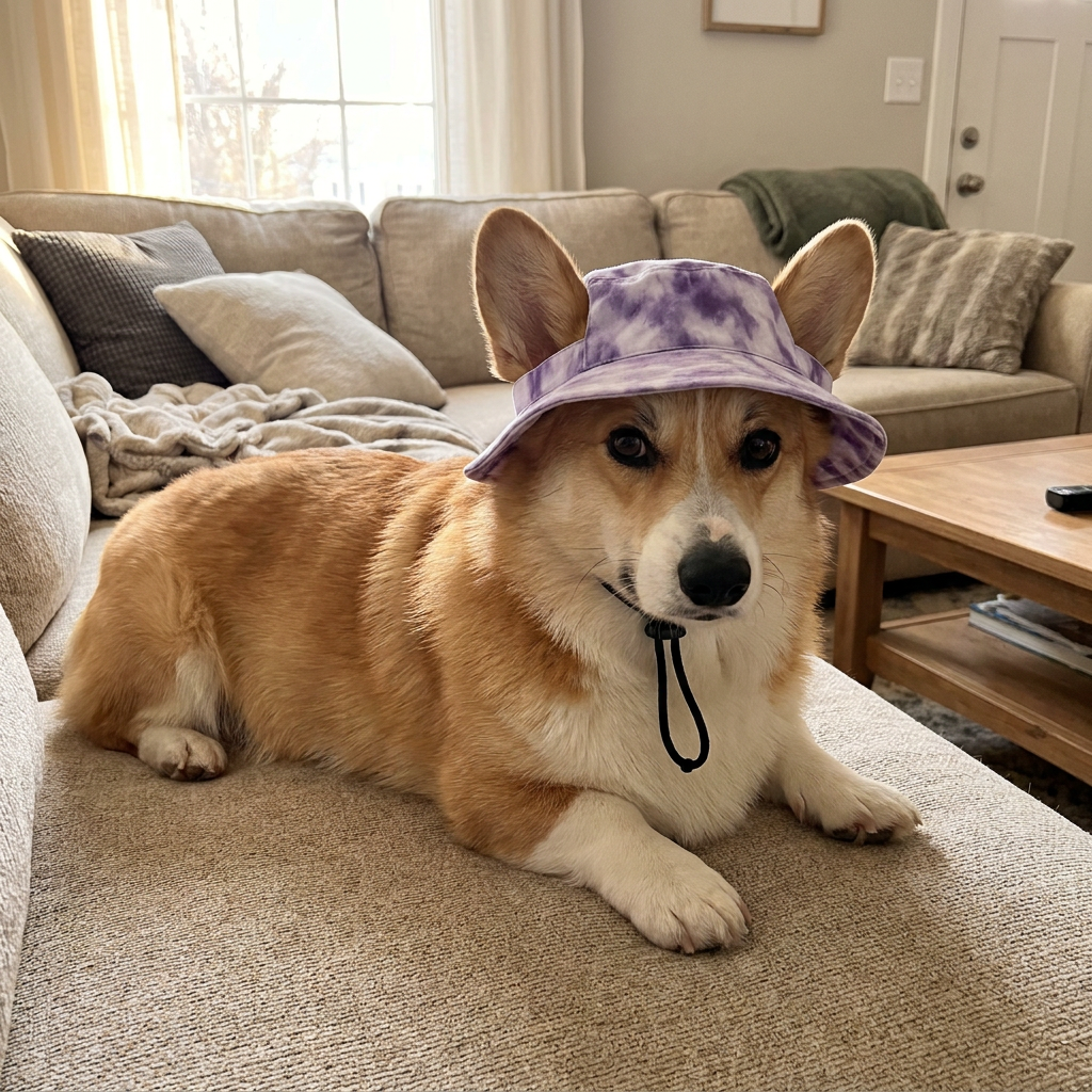 Corgi wearing the Lavender Duck Hat on a couch