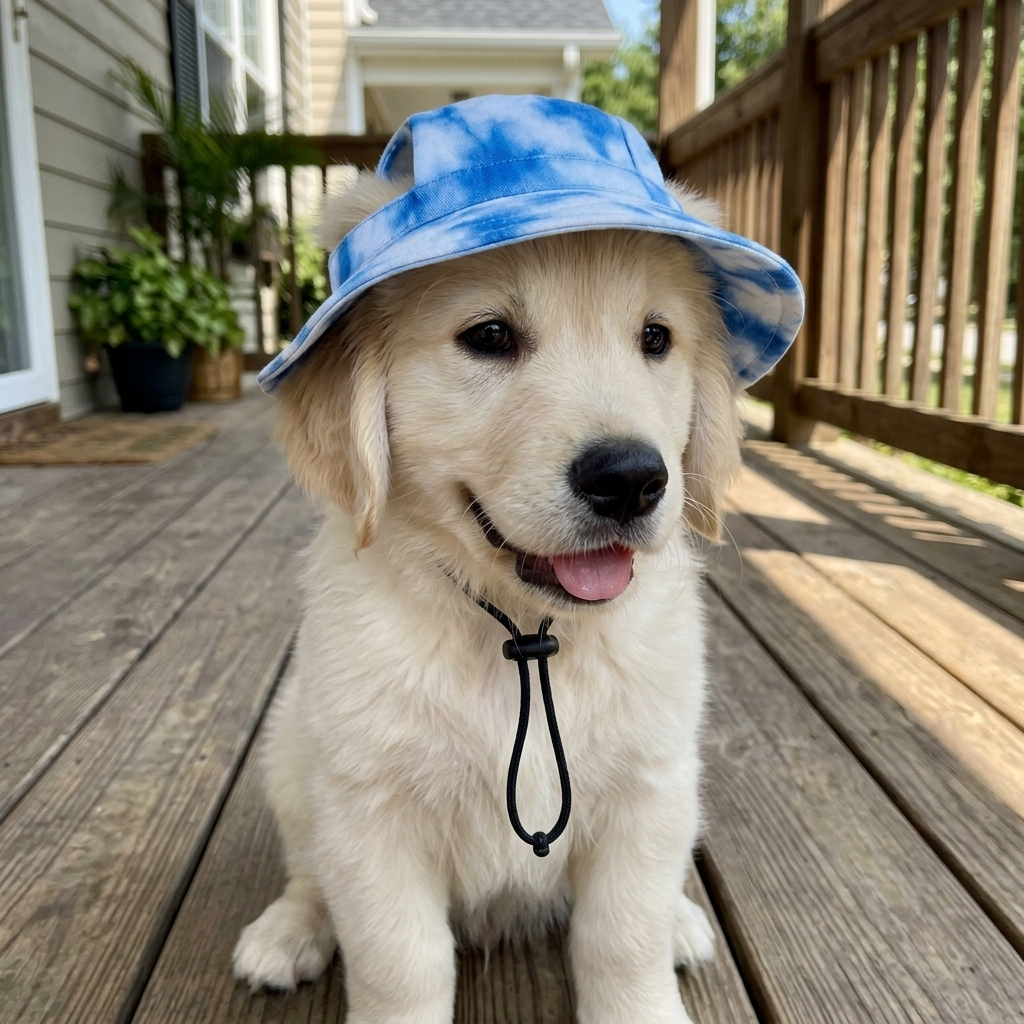 Golden retriever puppy wearing the Sky Duck Hat on a porch