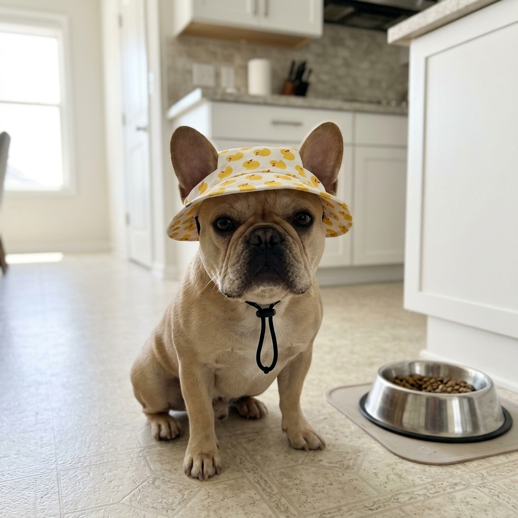 French bulldog wearing the Duckie Duck Hat in a kitchen