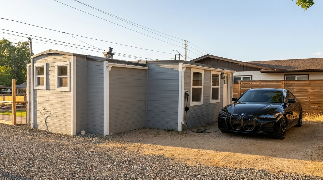 BMW i4 M50 charging at the property's EV charger beside the tiny home