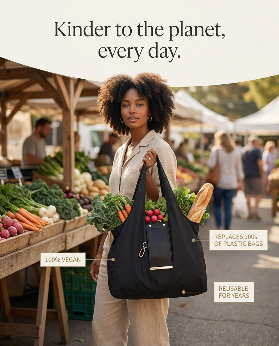 Carrie foldable tote filled with fresh groceries