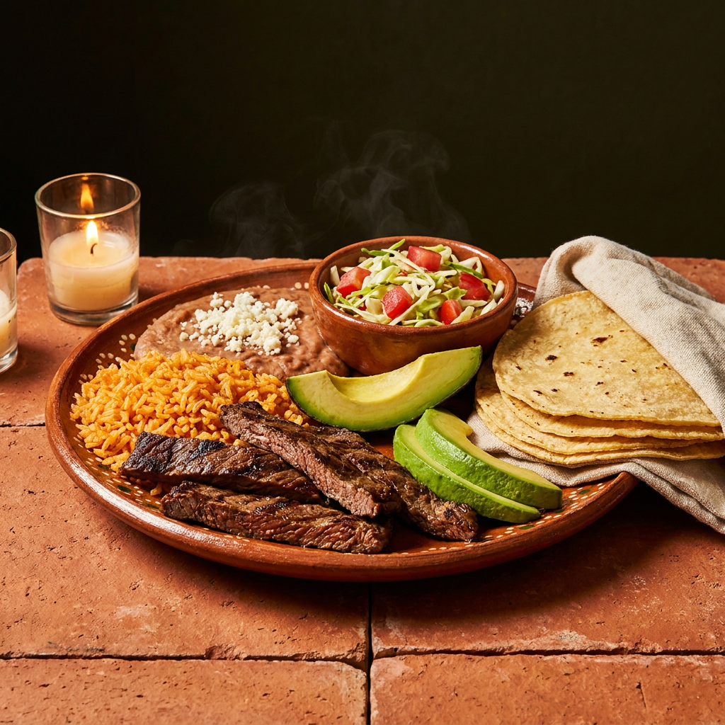 Carne asada con arroz y frijoles