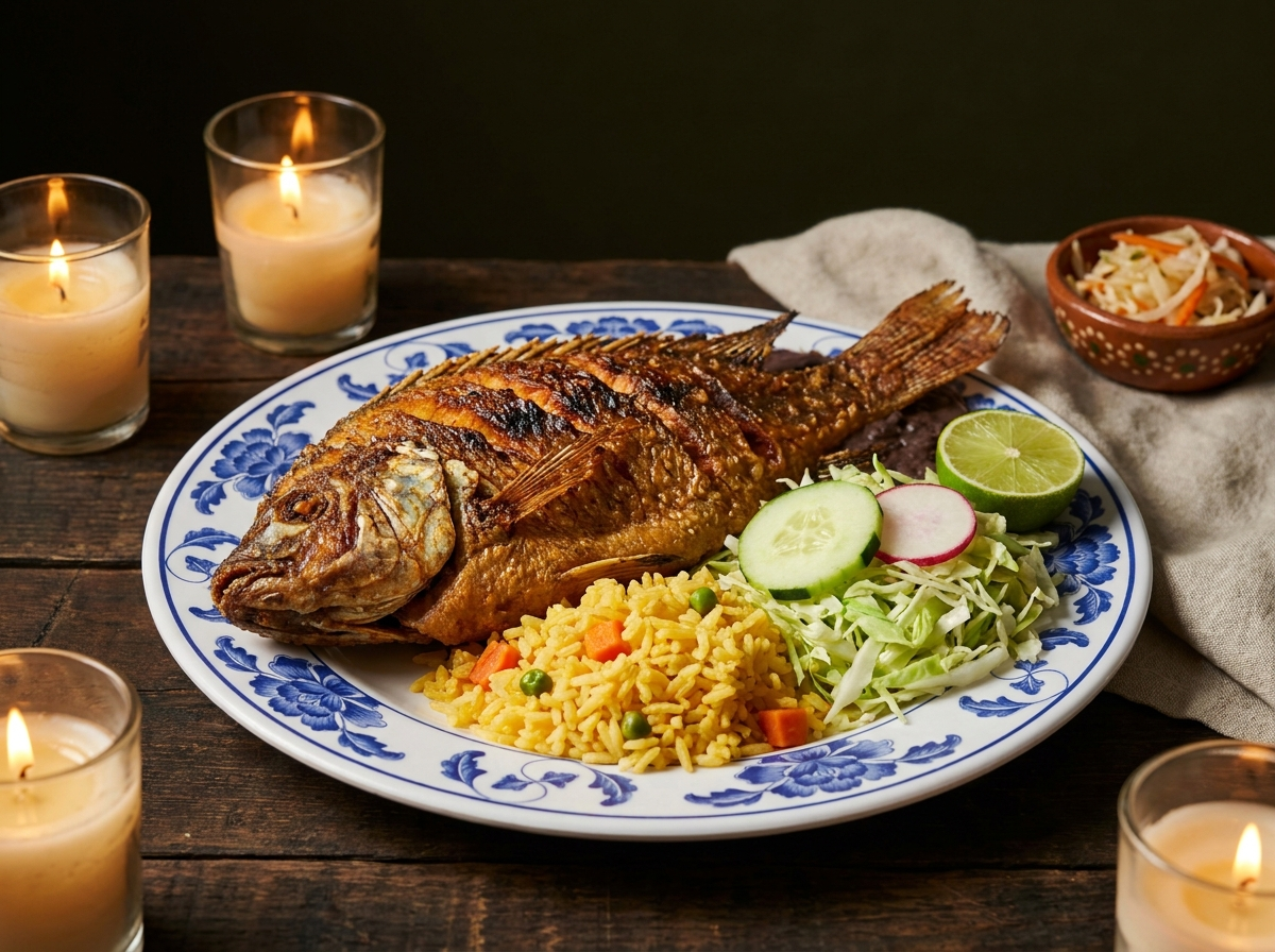 Pescado frito entero con arroz y frijoles