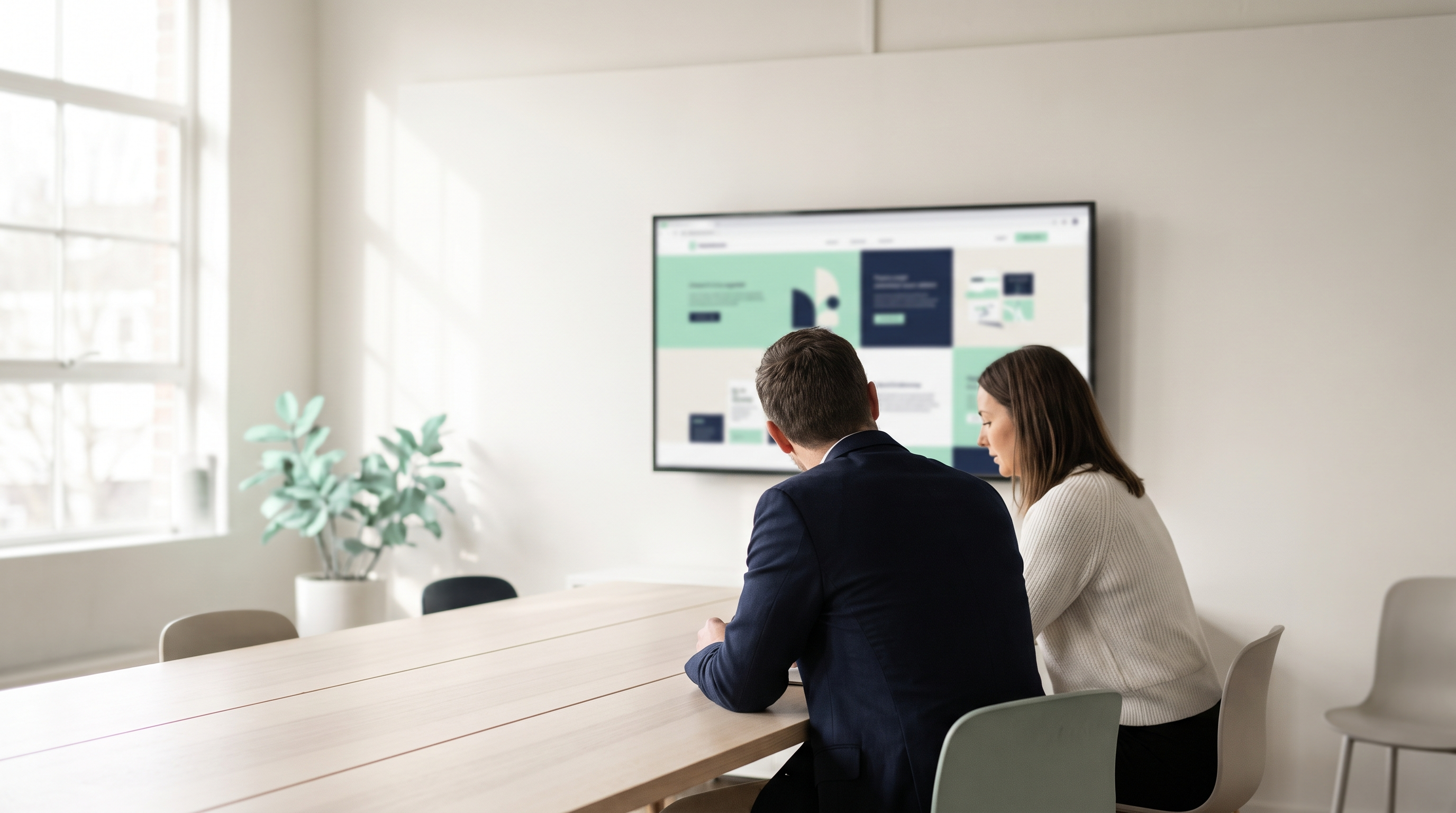 Zwei Berater prüfen eine Website am Monitor