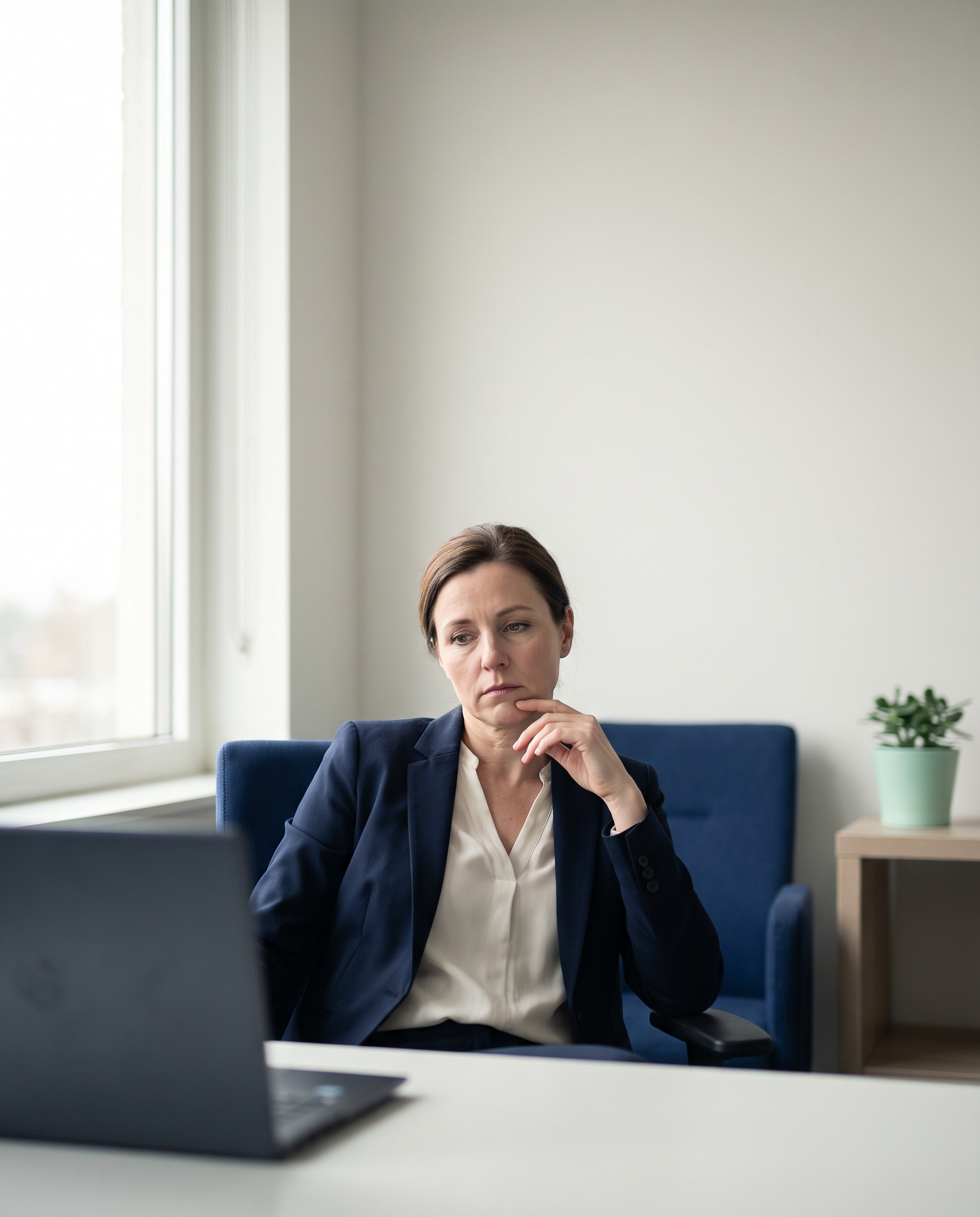 Unternehmerin am Schreibtisch blickt nachdenklich auf ihren Laptop