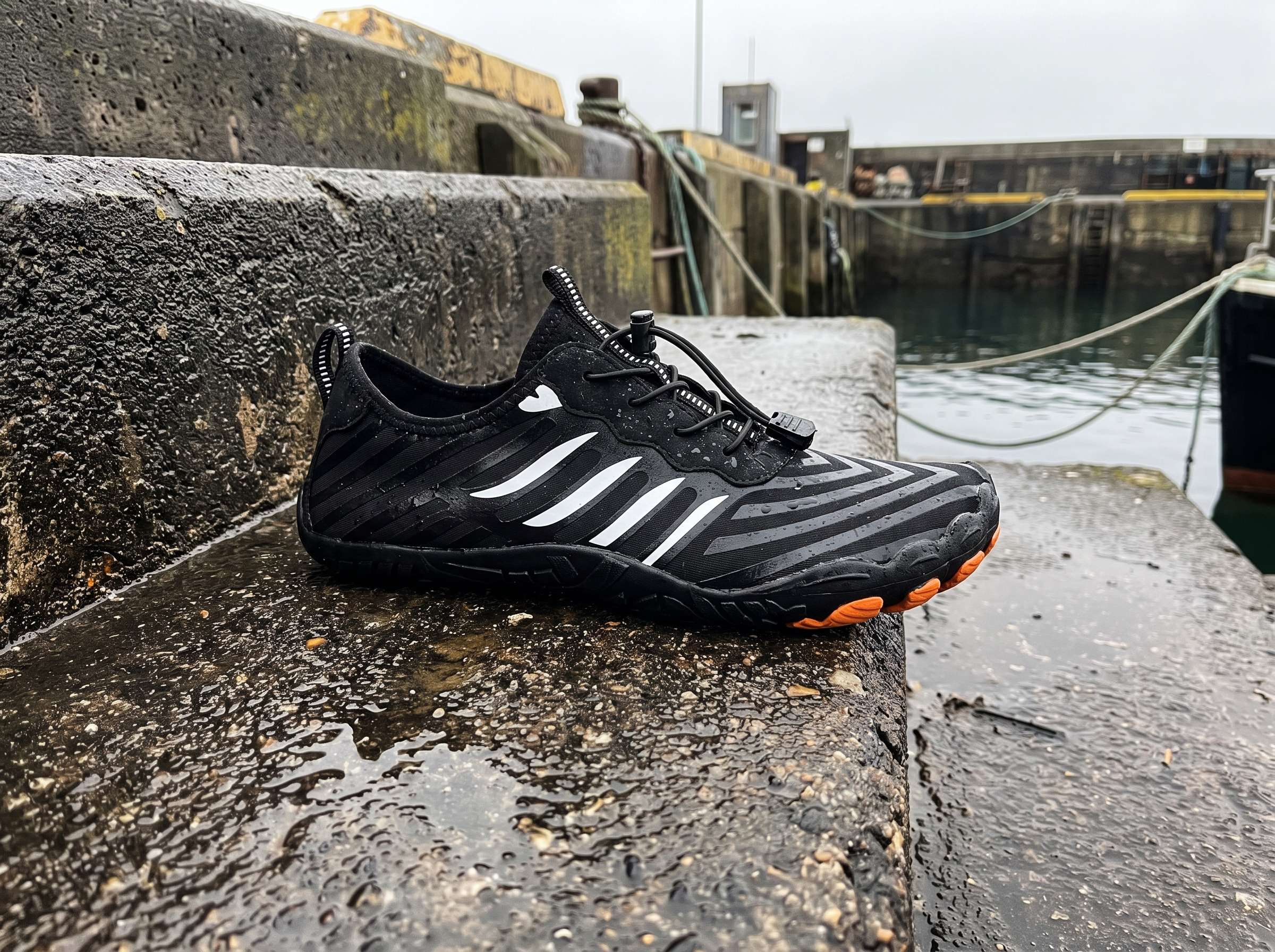 Schwarzer Schuh auf nassem Beton