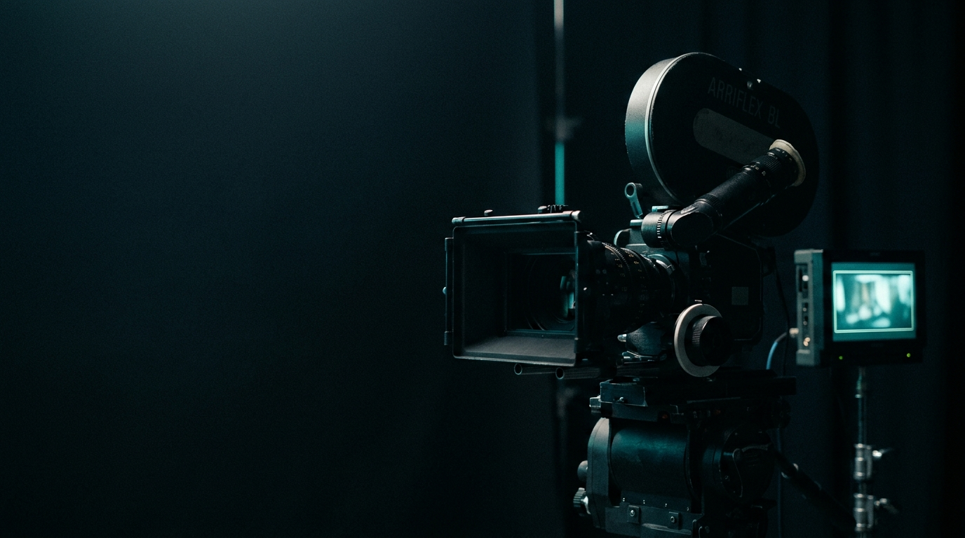 a cinema camera rim-lit in teal on a film fusion set