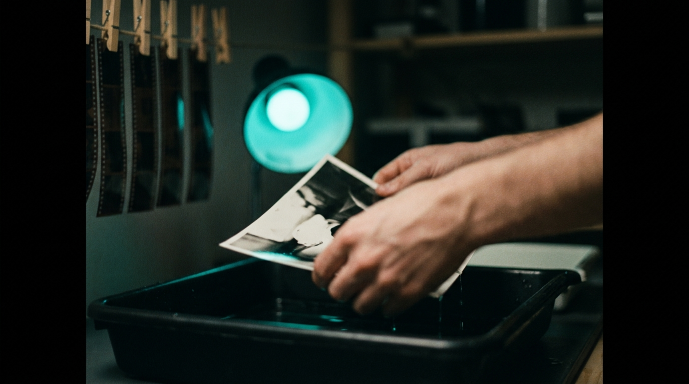 a print developing under teal safelight in the film fusion darkroom